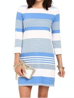 Lilly Pulitzer Marlowe Dress 100% Cotton Boatneck Blue and White Stripes Size XS